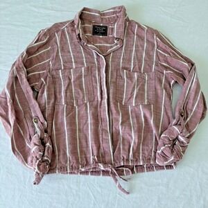 Abercrombie & Fitch Womens Pink Striped Roll Tab Sleeve Tie Front Shirt Size S